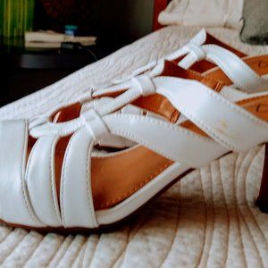 White, open toe sandals, 2 inch heels